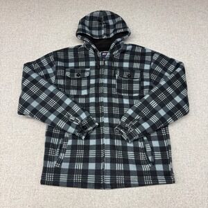Outerwear Hooded Fleece Jacket XL Blue Black Plaid Sherpa Lined Full Zip Heavy